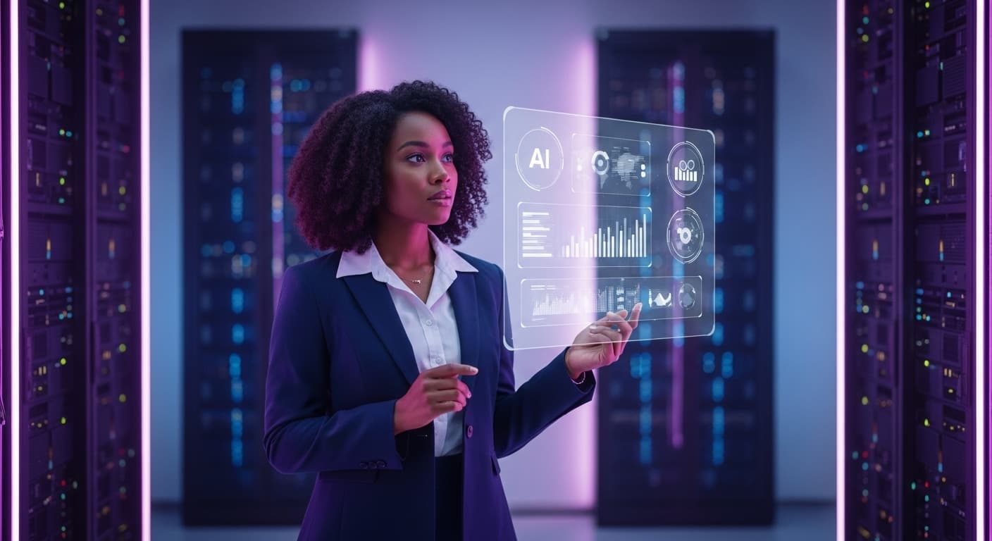 A professional woman working with futuristic AI interfaces